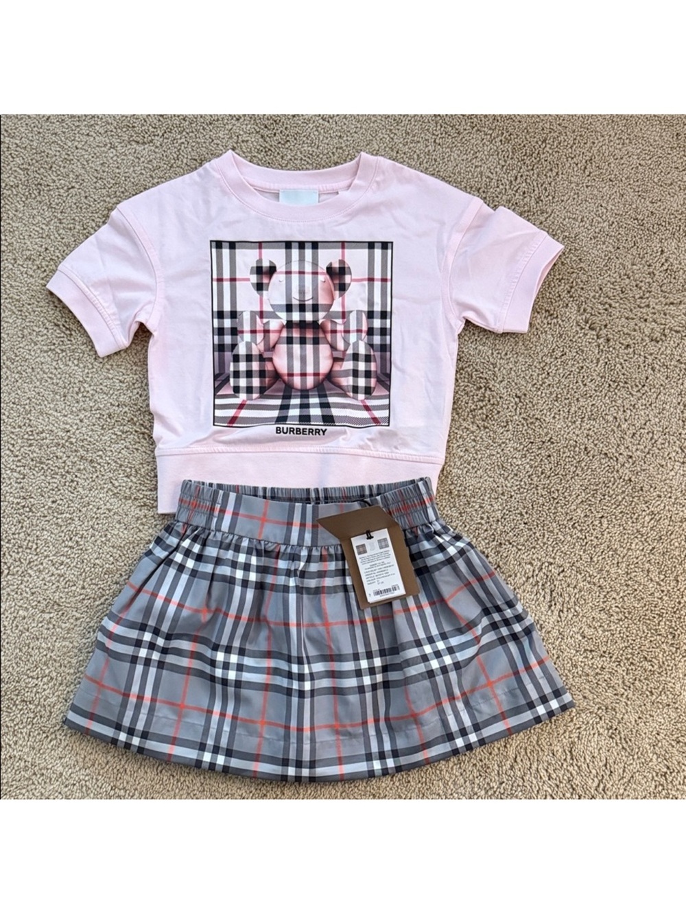 Burberry Pink Plaid Bear Graphic Top and Grey Plaid Skirt Set